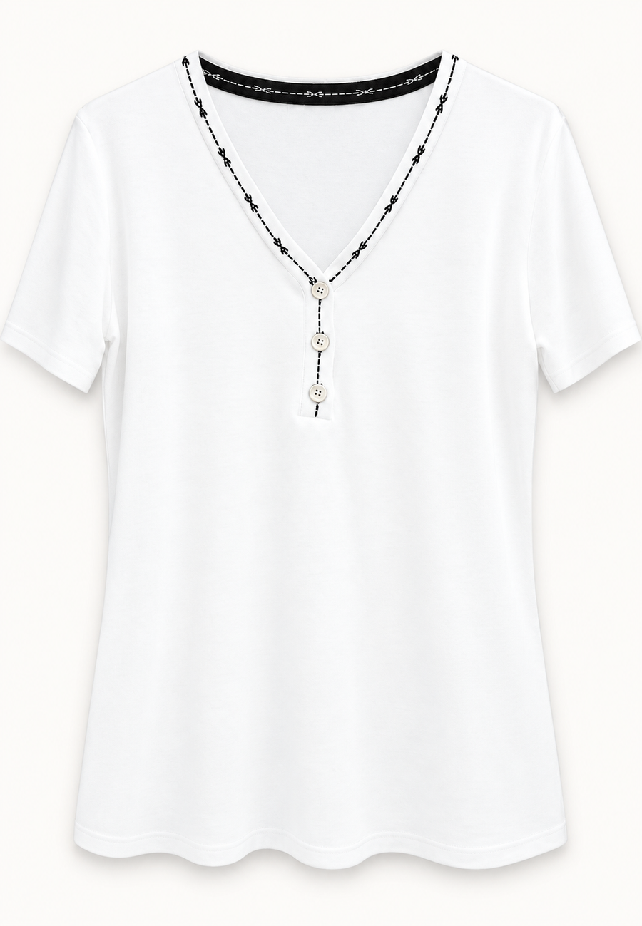 SANKI White V-Neck Button-Detail And Stitch Trim Top for Women