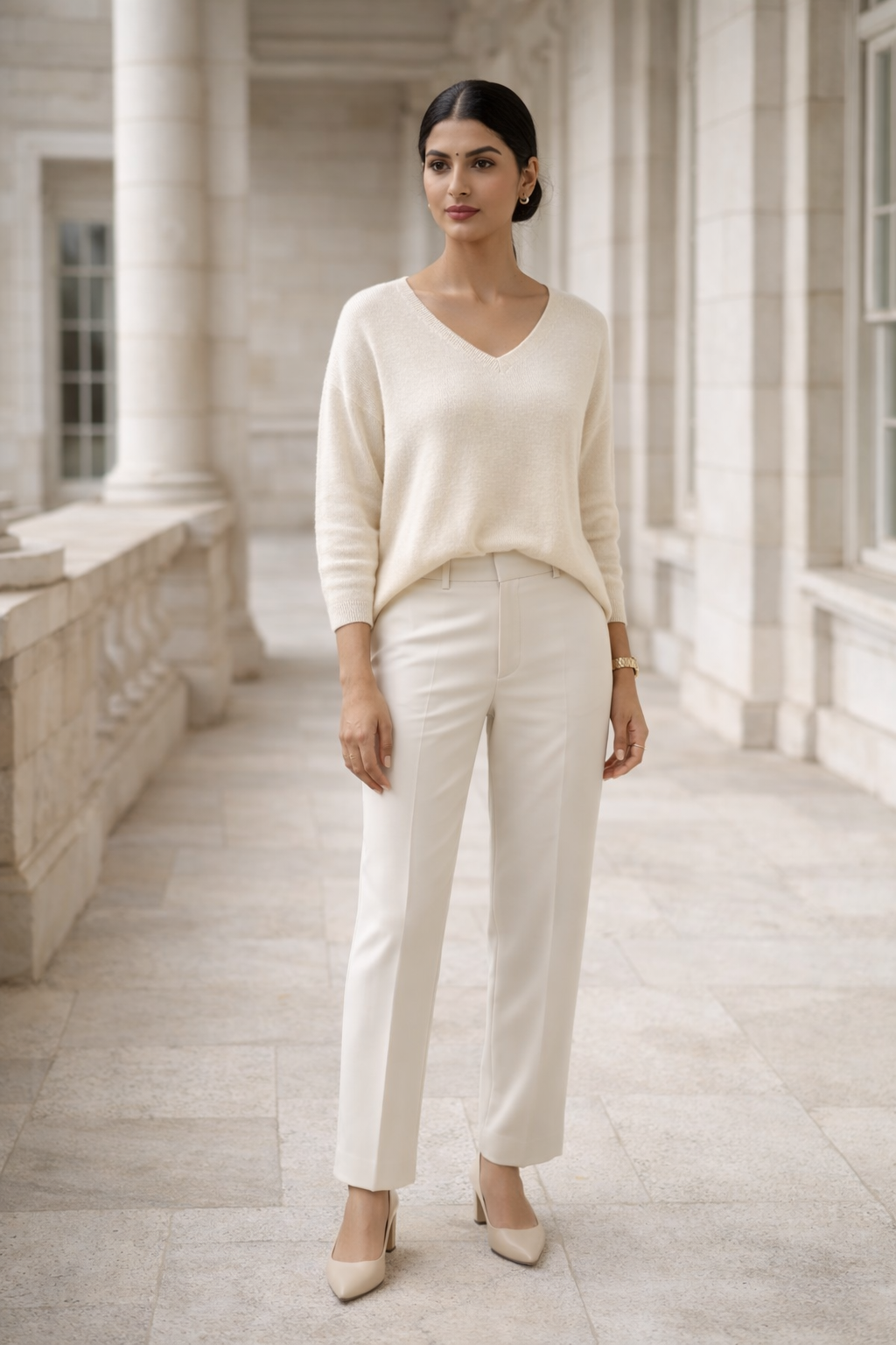 White V-neck knit top with ribbed hem hanging on a wooden hanger