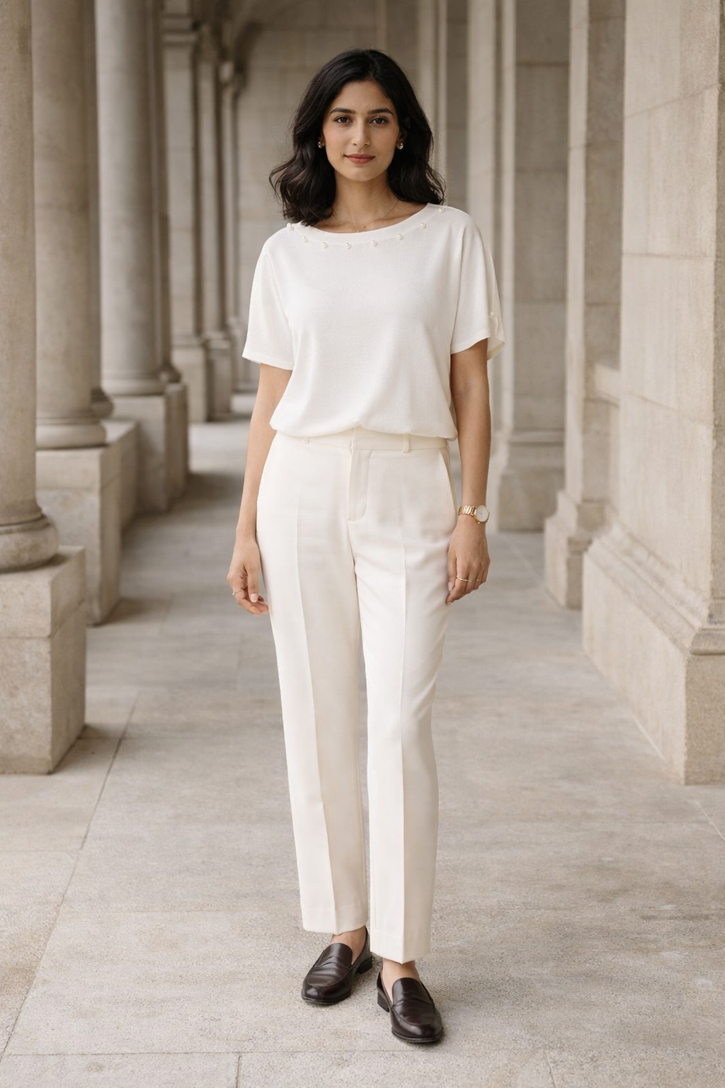 White women's knit top with boat neckline and pearl details along the neckline and sleeves, worn with cream trousers