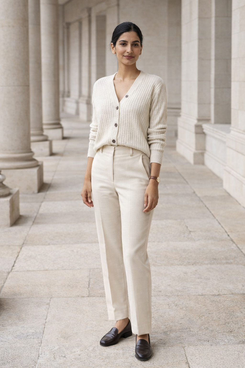 Cream ribbed knit top by SANKI featuring a V-neckline and a row of buttons down the front in FS size