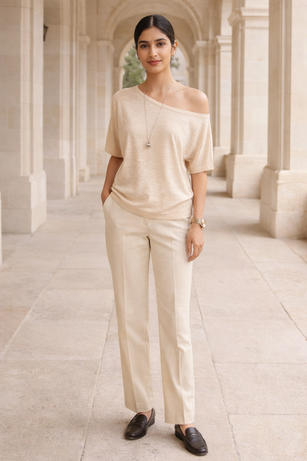 Cream knit top with a one-shoulder neckline and regular fit on a female model