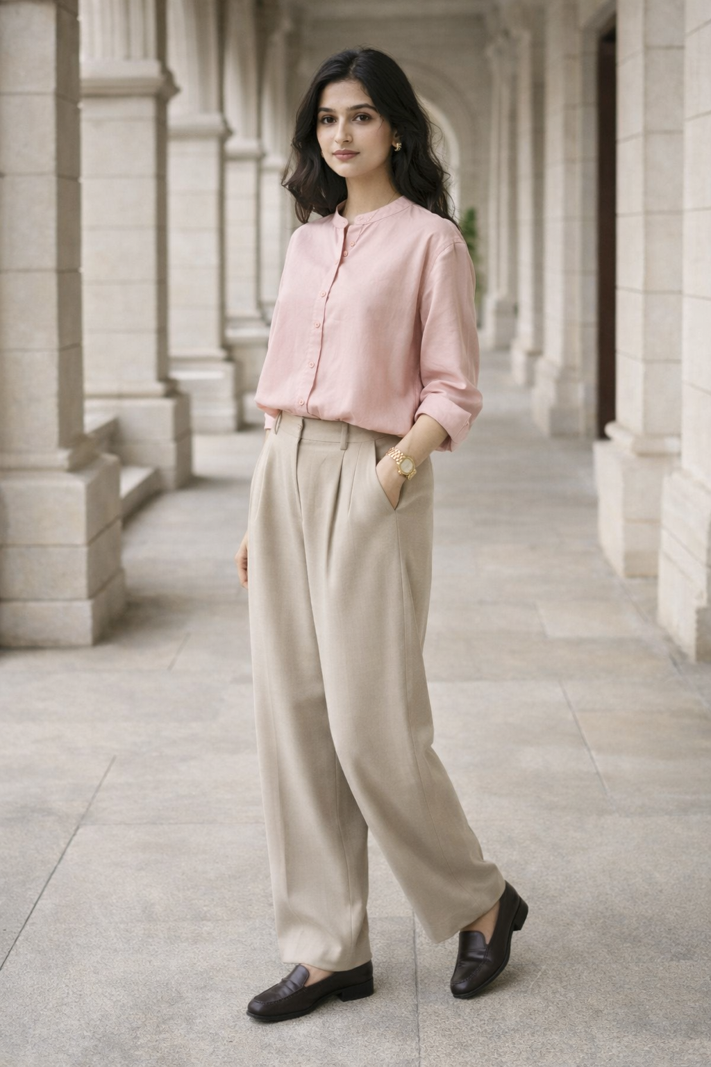 Pink women's top with mandarin collar, button-detail front placket, long sleeves and regular fit