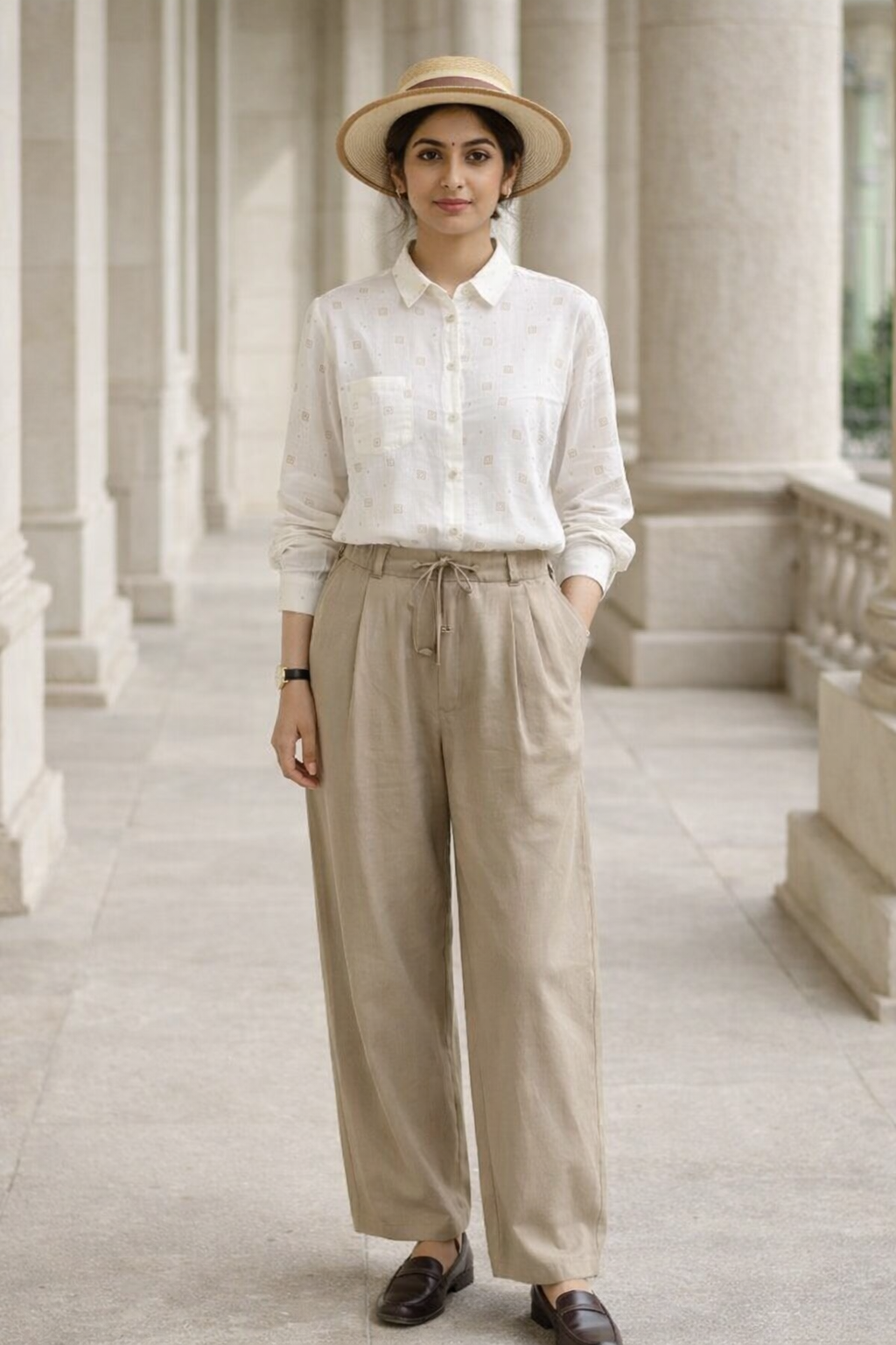 White women's shirt with button-down collar, button placket, subtle square pattern, and long sleeves in regular fit
