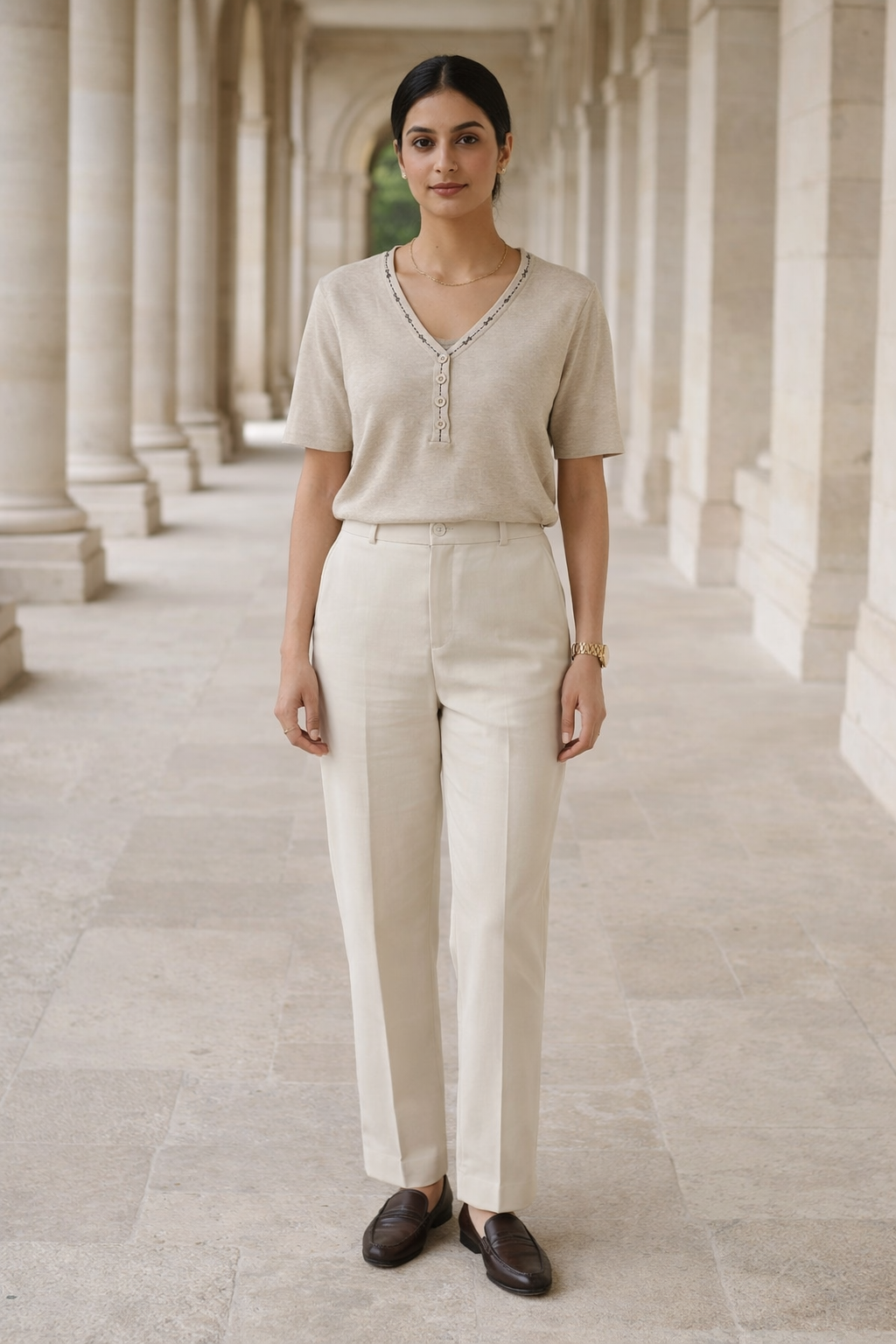 Beige women's top with V-neck and three buttons down front, black decorative stitch detail along neckline and placket