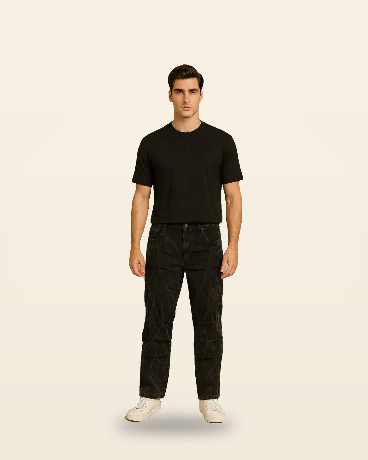 Black Creased Wide-Leg Jeans — Relaxed Fit Denim
