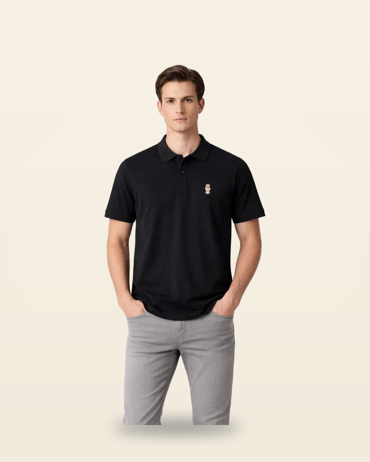 Black Crest Polo Tee — Bio-Washed Cotton Fit