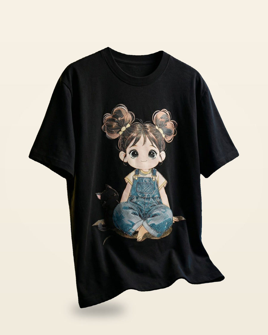 Graphic Girl Print Oversized Tee — Black