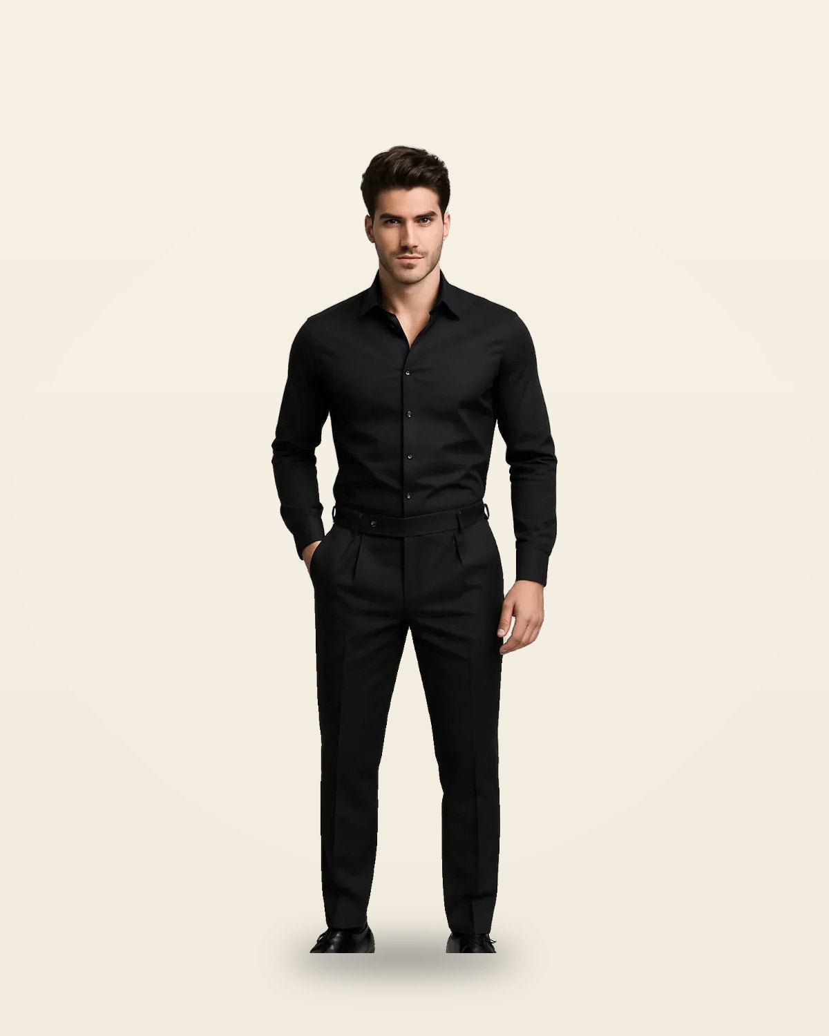 Black Pleated Trouser — Adjustable Buckle Tabs