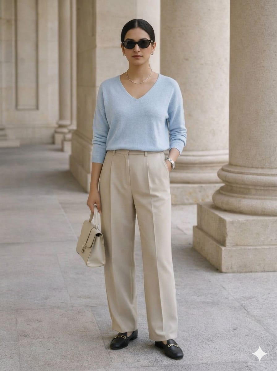 SANKI Blue V-Neck Crew-neck Top for Women