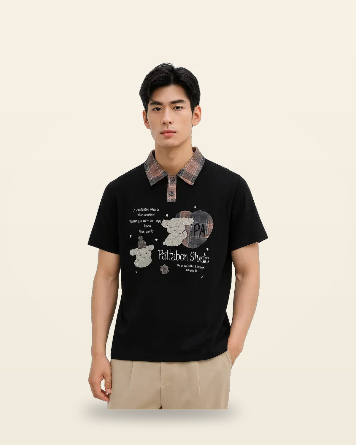 Bold Graphic Polo Tee — Contrast Plaid Collar