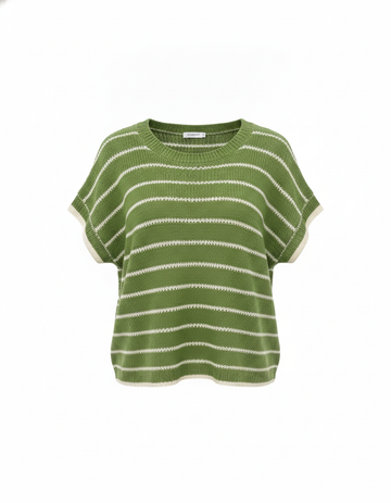 SANKI Green Oversized Fit Striped Crew-neck Top for Women