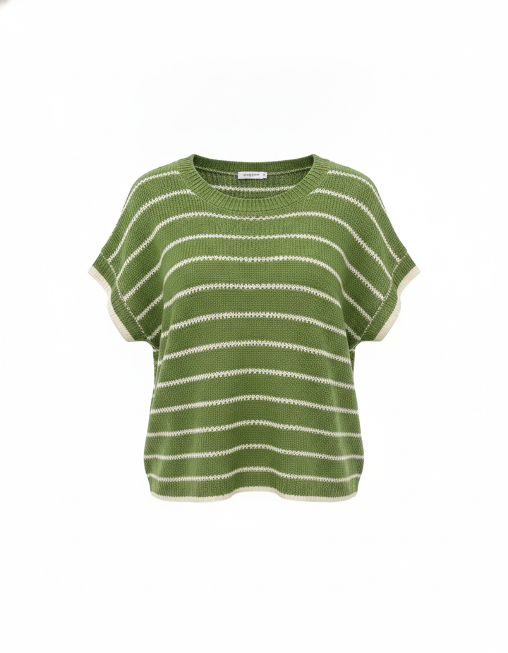 SANKI Green Oversized Fit Striped Crew-neck Top for Women