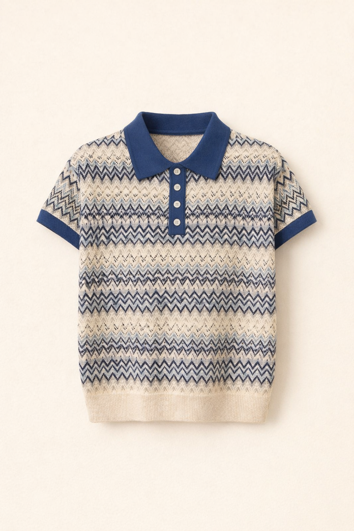 SANKI Cream Regular Fit With Blue Collar And Zigzag Pattern Top for Women
