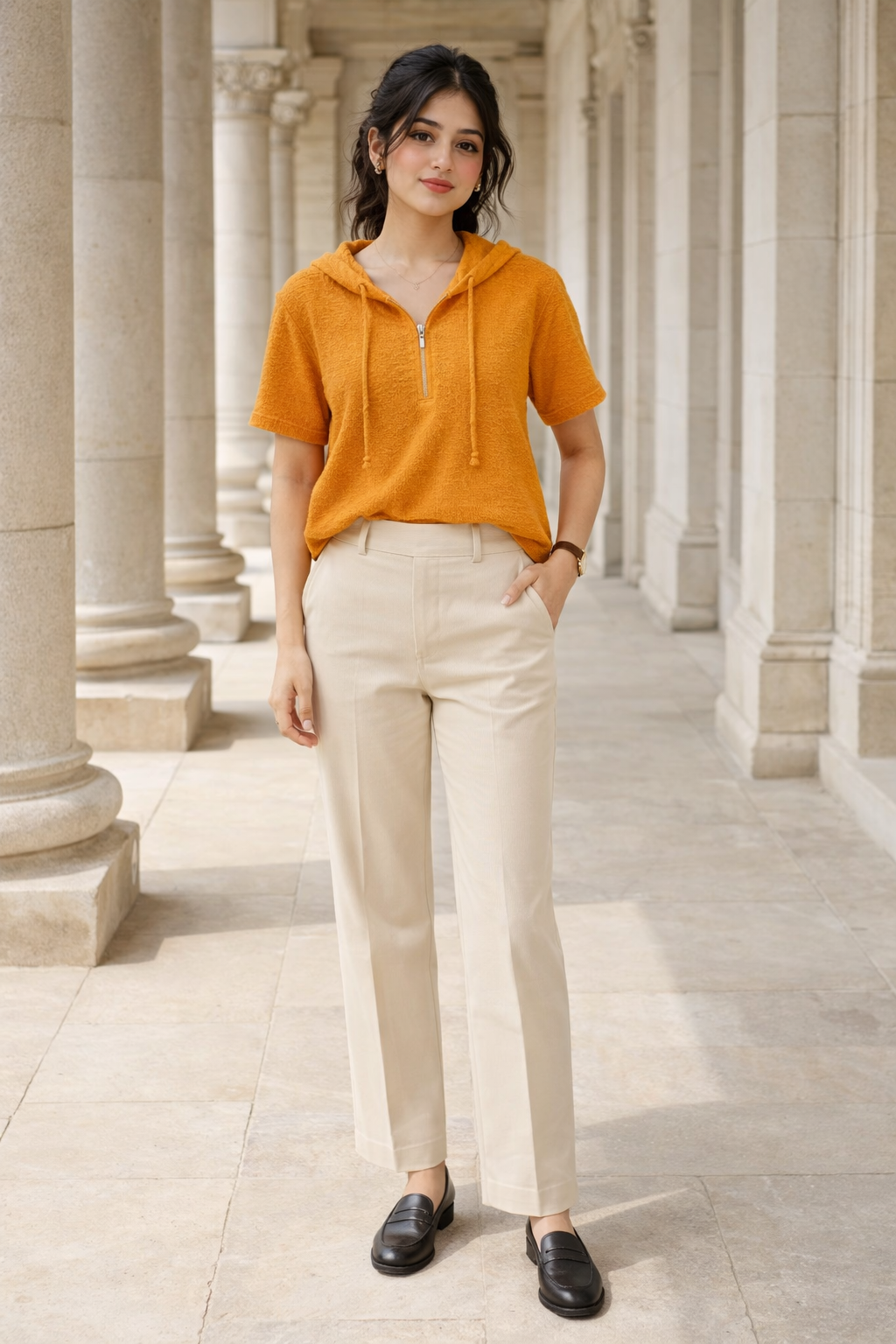 Orange oversized short sleeve hooded top with half-zip and drawstring hood worn by woman