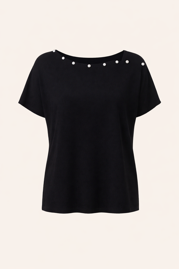 SANKI Black Regular Fit Button-Detail Crew-neck Top for Women