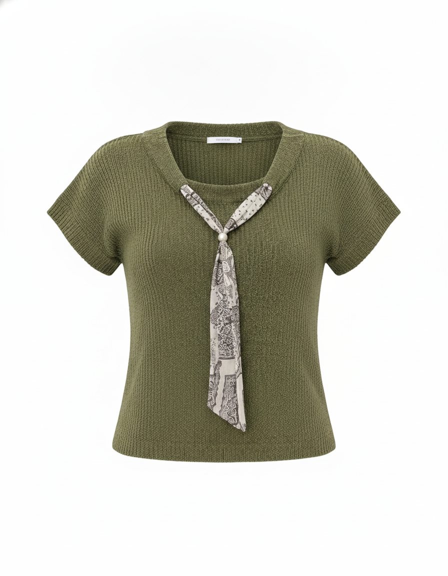 Green knit top with short sleeves and round neckline, featuring a grey and white printed scarf tied at the front worn by a woman