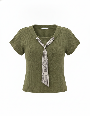 SANKI Green Regular Fit Knit With Printed Scarf Detail Top for Women