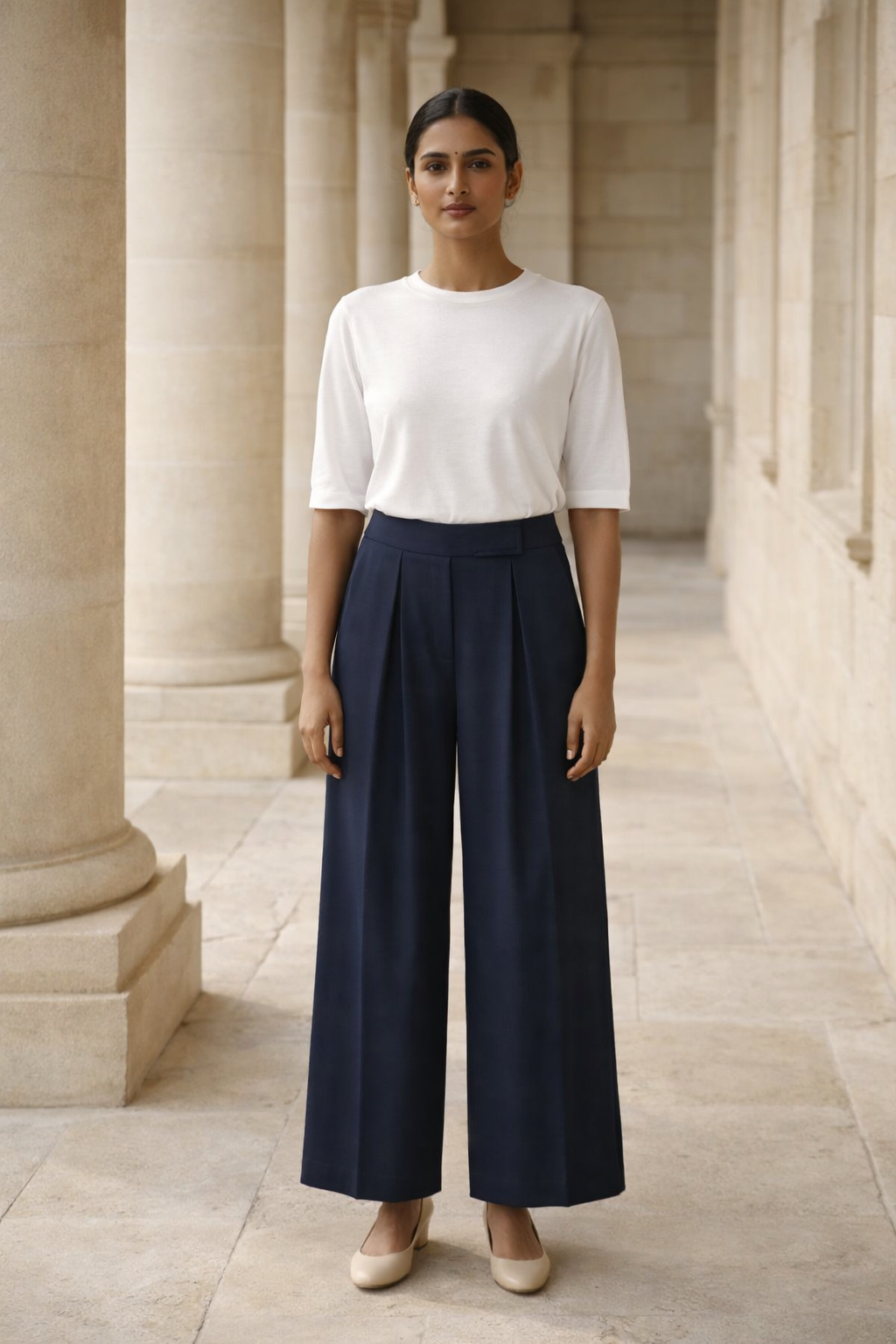 Women's SANKI blue high-waist wide-leg trousers with front pleats and fold-over waistband detail