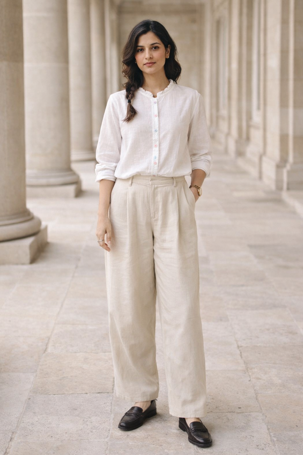 Women's white top with frilled collar and multicolor button-detail placket, long sleeves rolled up, worn with beige wide-leg pants.