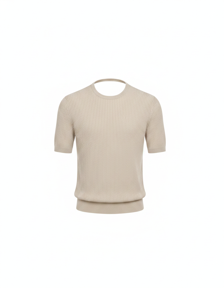 Vertical Rib Knit T-Shirt — Beige