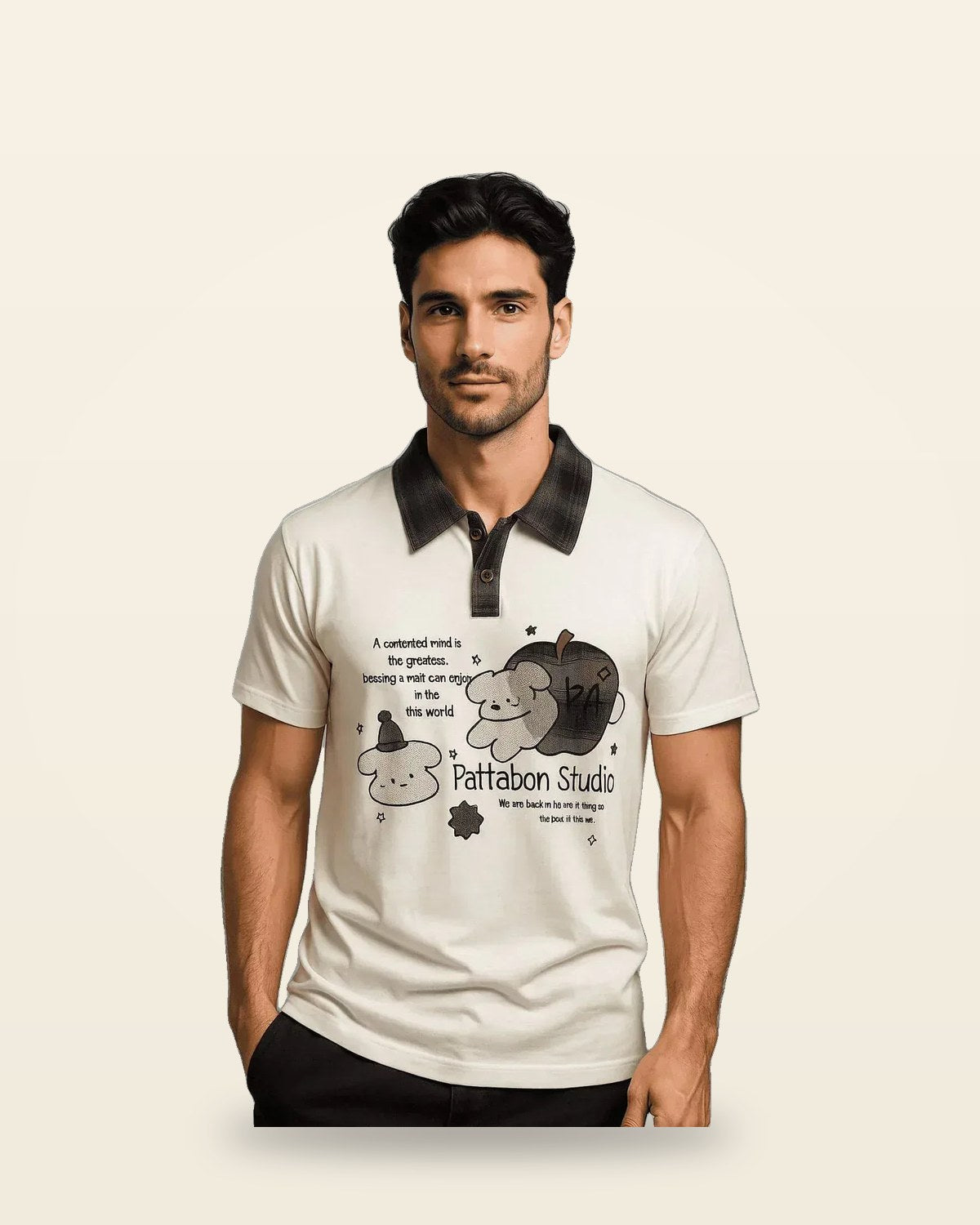 Cartoon Collar Polo Tee Cream — Contrast Plaid Neck