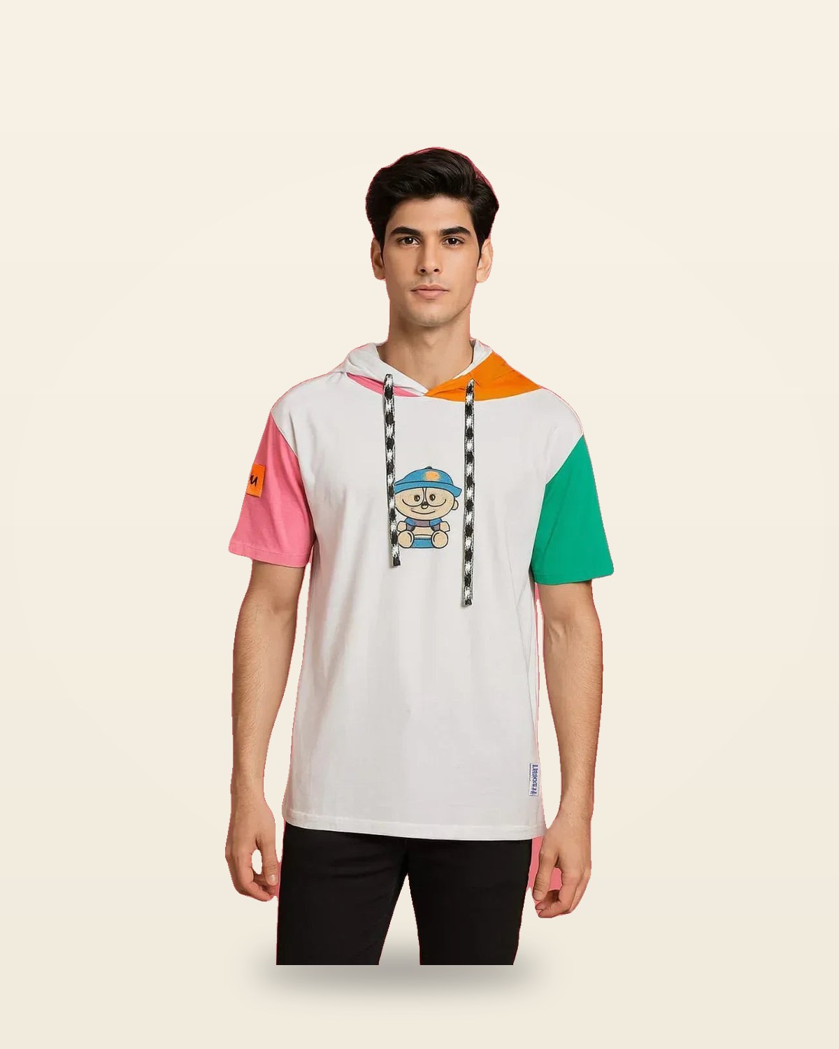 Cartoon Embroidered Colour-Block Hooded Tee — White Pink Panels