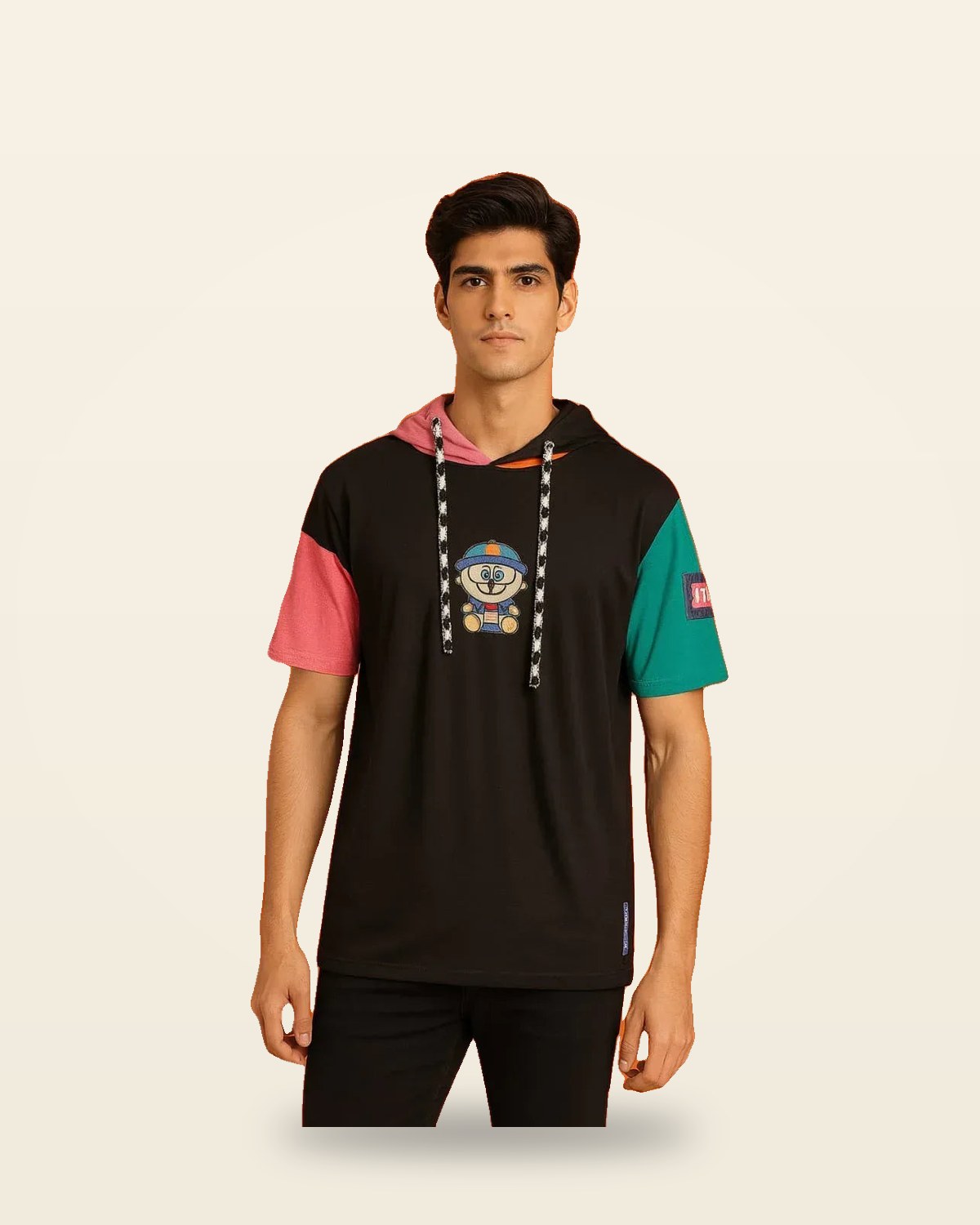 Cartoon Embroidered Oversized Tee — Black Round Neck Fit