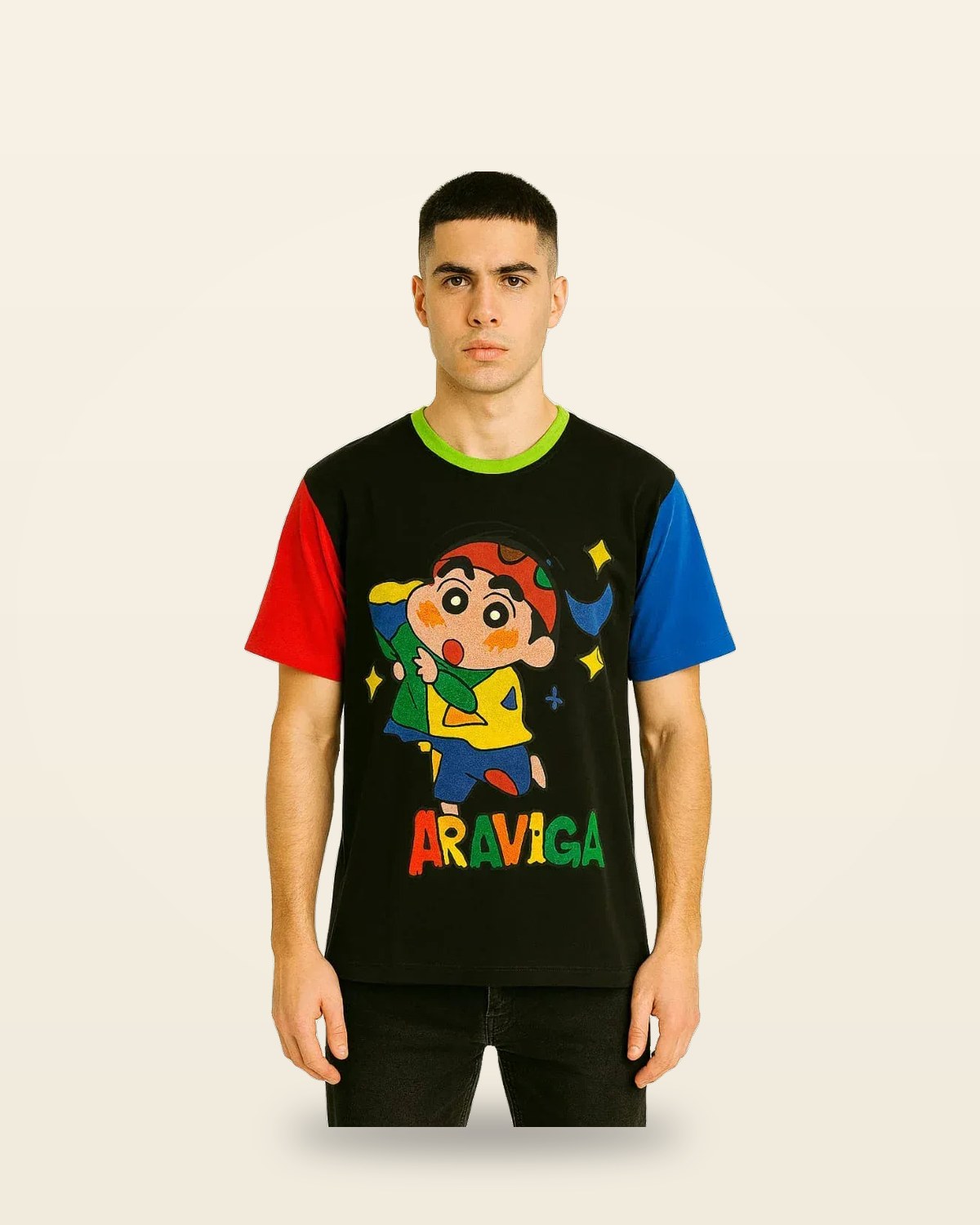 Cartoon Embroidered Oversized Tee — Color-Block Sleeves