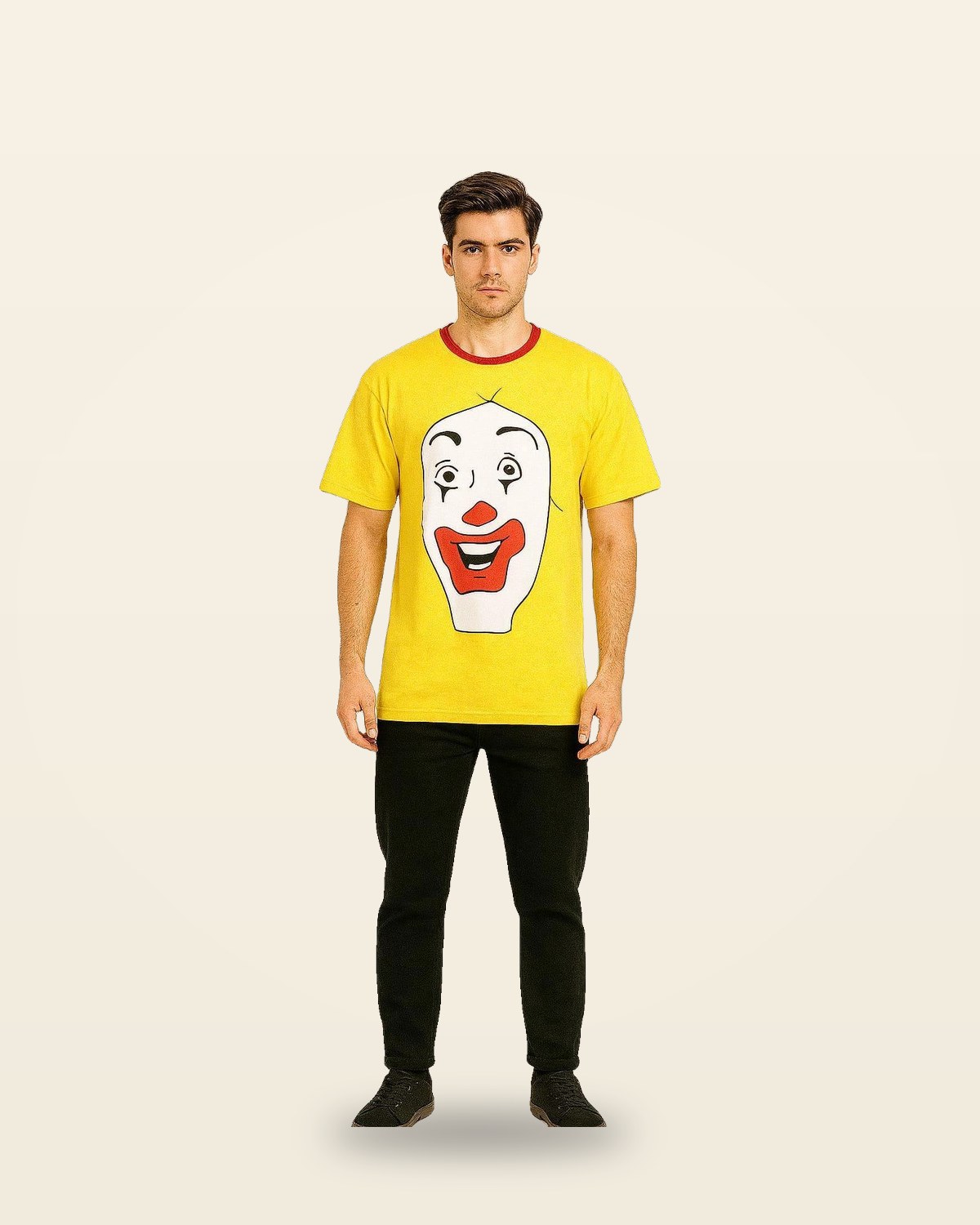 Cartoon Face Oversized Tee — Yellow Base, Red Contrast Neck