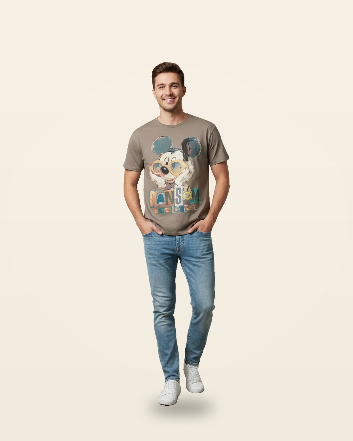 Cartoon Print Oversized Tee — Beige Premium Fit