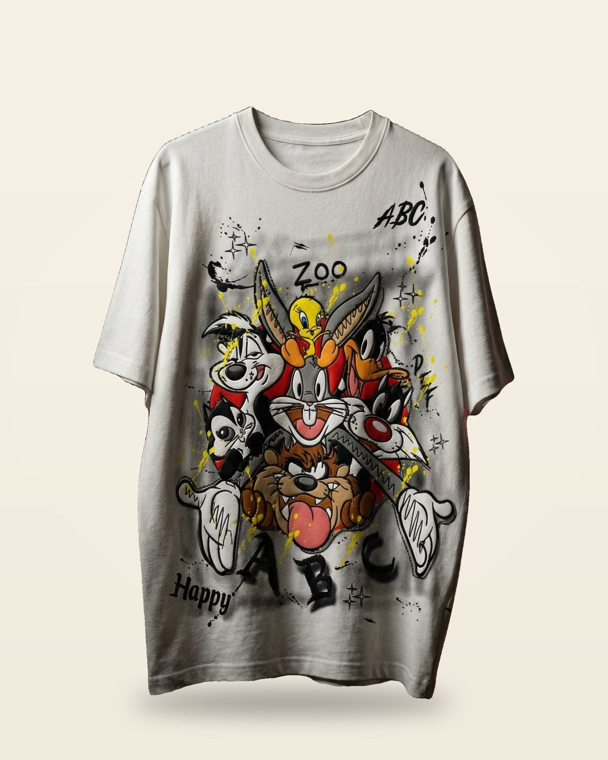 Cartoon Zoo Graphic Oversized Tee — White Premium Cotton
