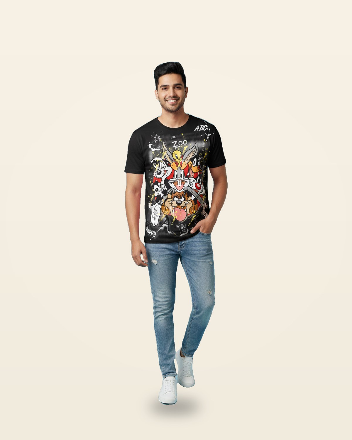 Cartoon Zoo Graphic Tee — Black Oversized Fit
