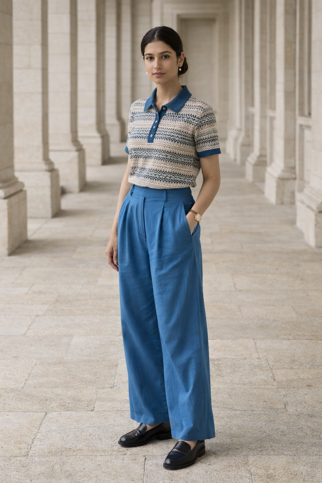 Cream women's top with blue polo collar, three-button placket, short sleeves and zigzag patterned knitting