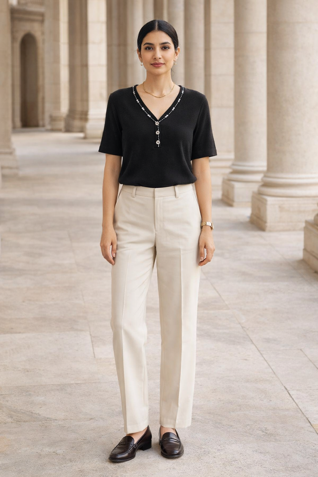 Black women's short sleeve top with V-neck, three white buttons on placket, and white decorative contrast stitching along neckline and placket