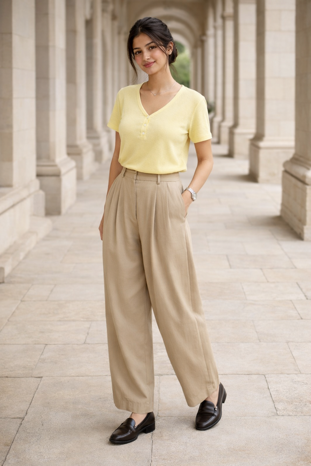 Yellow oversized women's shirt with V-neck and short sleeves