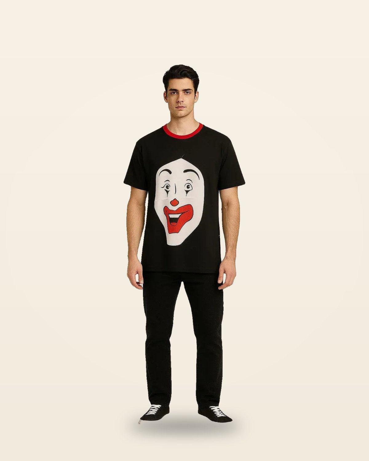 Clown Face Oversized Tee — Black with Red Neck