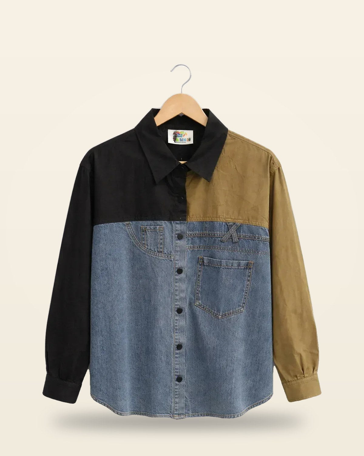 Color Block Denim Cotton Oversized Shirt — Mixed Material Construction
