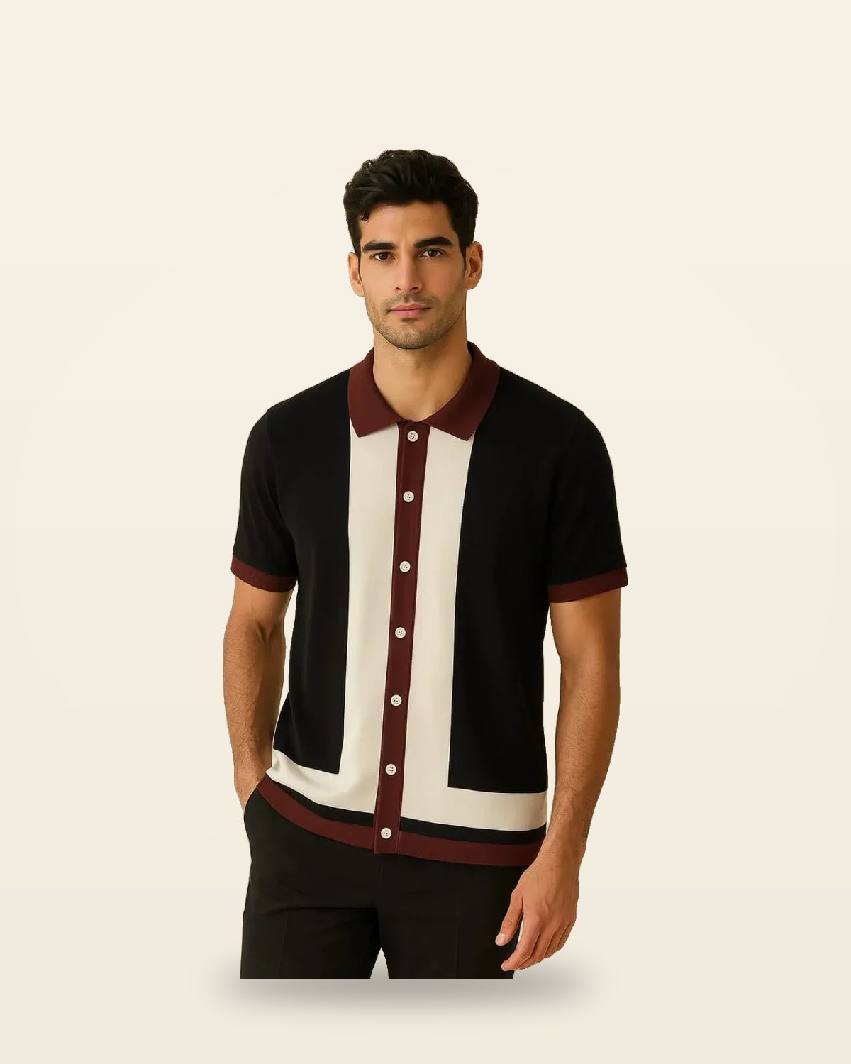 Contrast Panel Knit Polo — Black Cream
