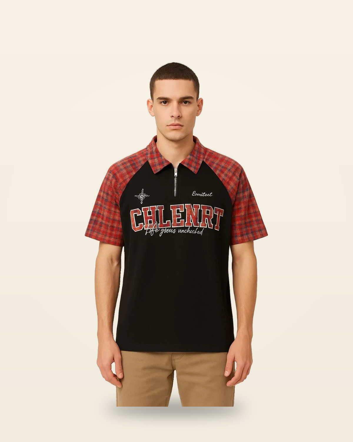 Contrast Sleeve Half-Zip Polo Tee — Black Trim Detail