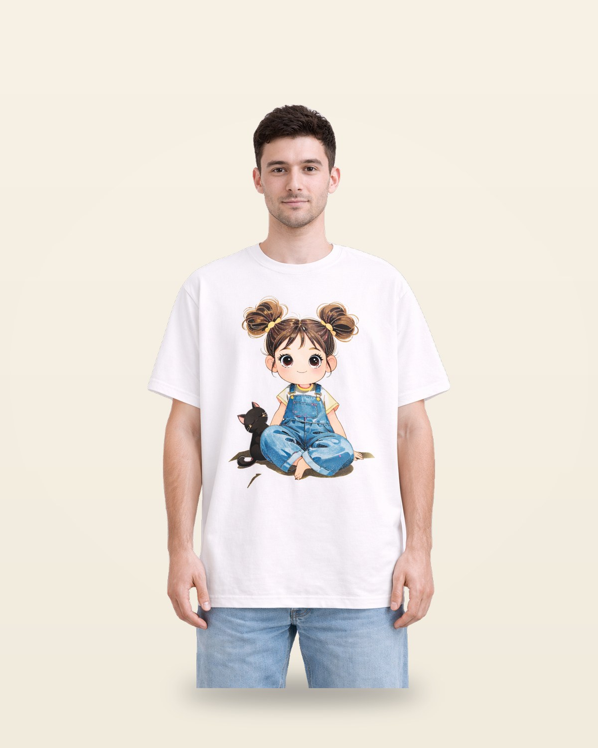 Cute Girl Print Oversized Tee — White Premium Cotton