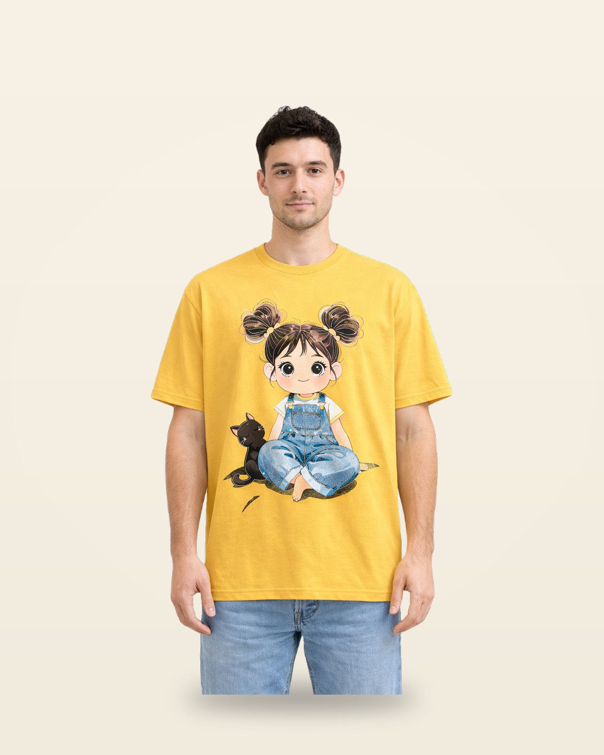 Cute Girl Print Oversized Tee — Yellow Premium Cotton