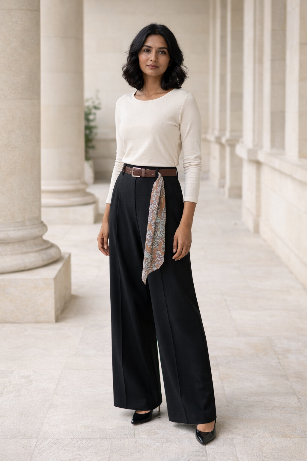 Black SANKI women's trousers with wide legs, belt and patterned scarf tied at waist