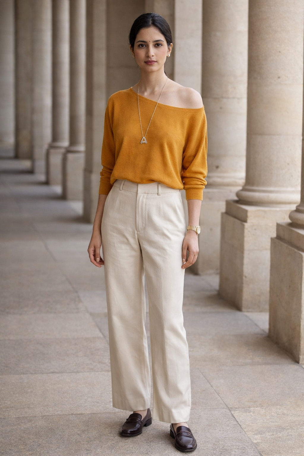 Orange women's knit top by SANKI with one-shoulder neckline and short sleeves in regular fit