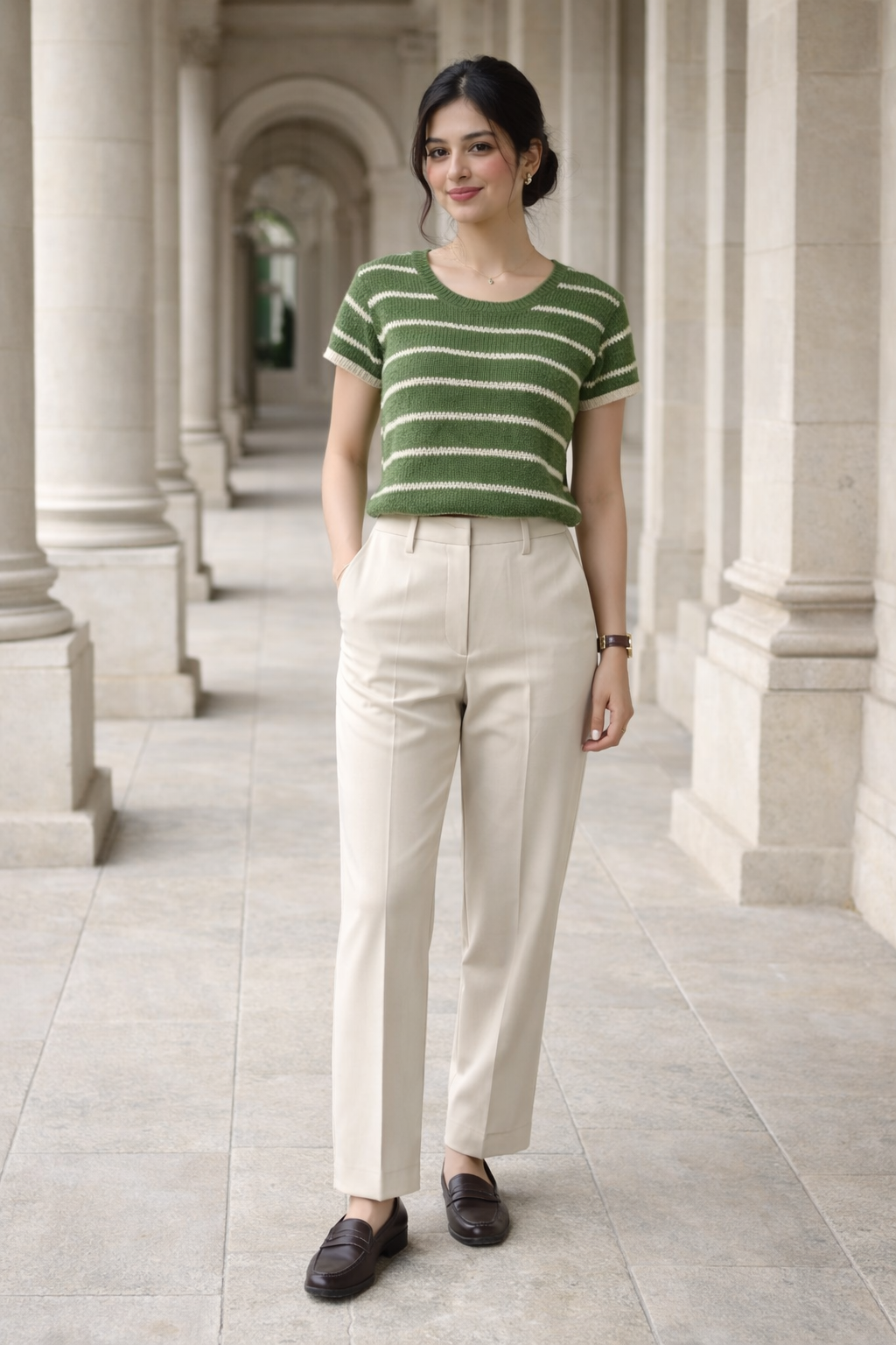 Green oversized crew-neck top with white horizontal stripes and trimmed sleeves worn by woman