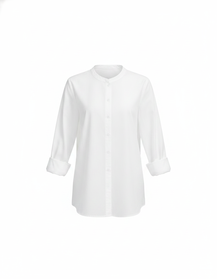 White women's regular fit shirt with mandarin collar and button placket, long sleeves rolled up to forearms