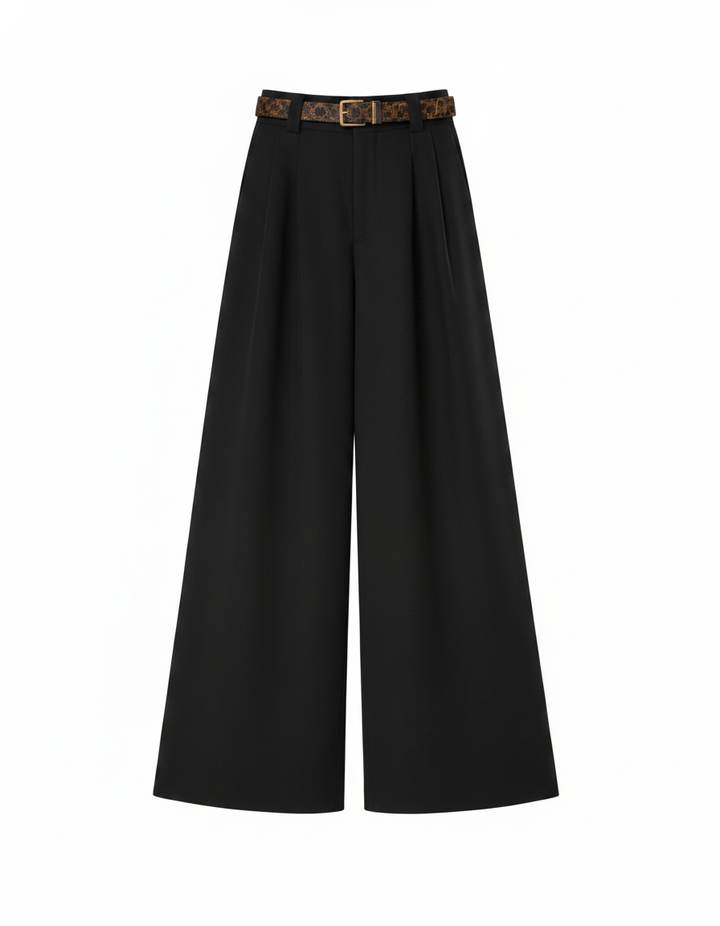 SANKI Women's Black Baggy Fit Trousers with Leopard Print Belt