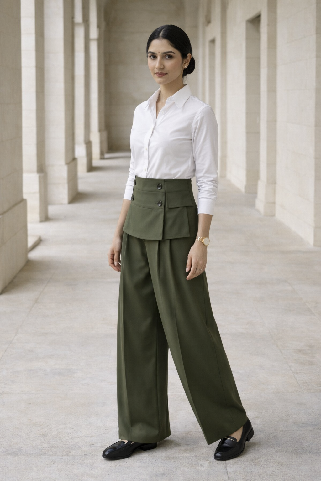 Green women's baggy trousers with buttoned flap waist detail front view
