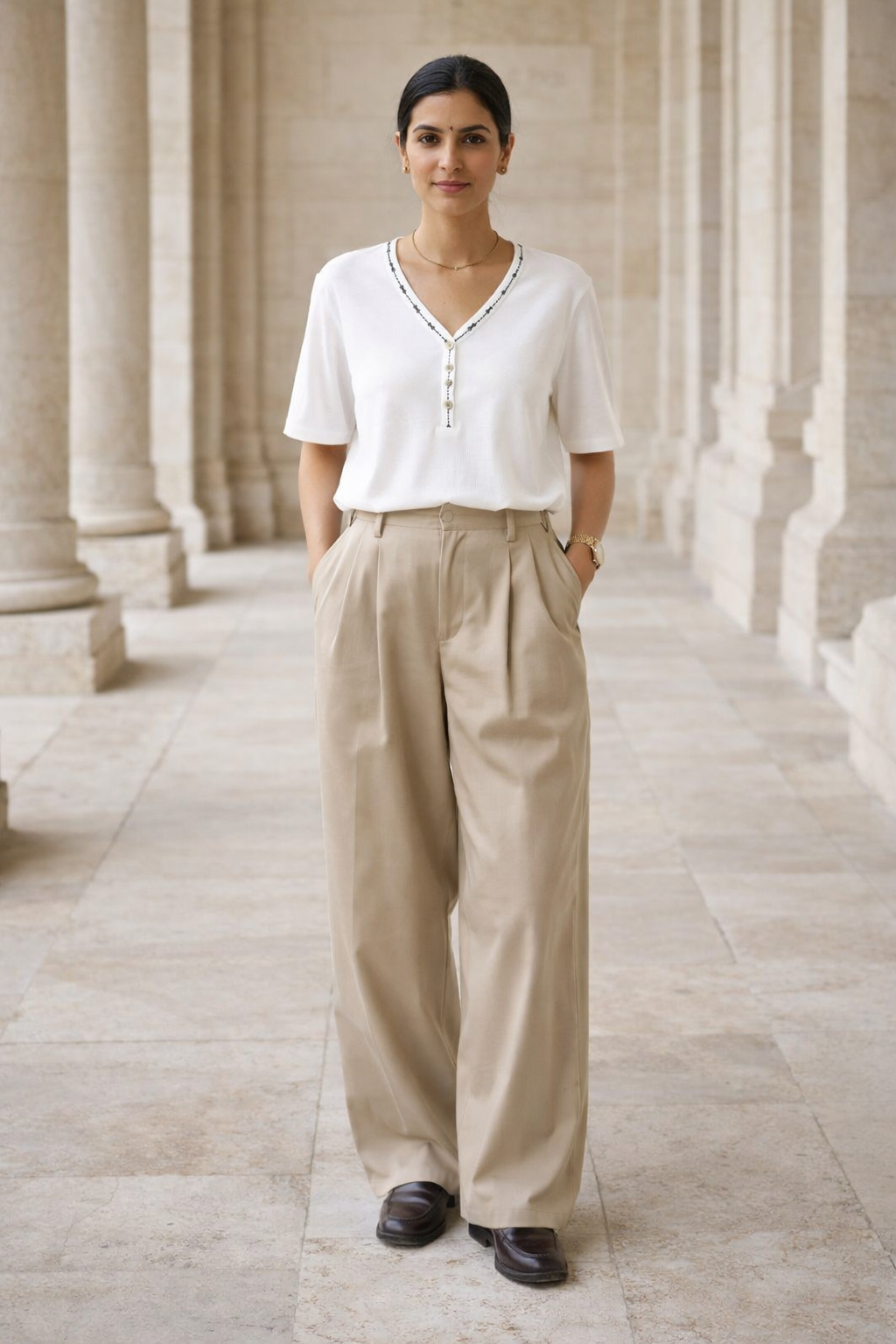 White women's short-sleeve top with V-neckline, three white buttons down front placket, and black stitched trim along neckline and placket