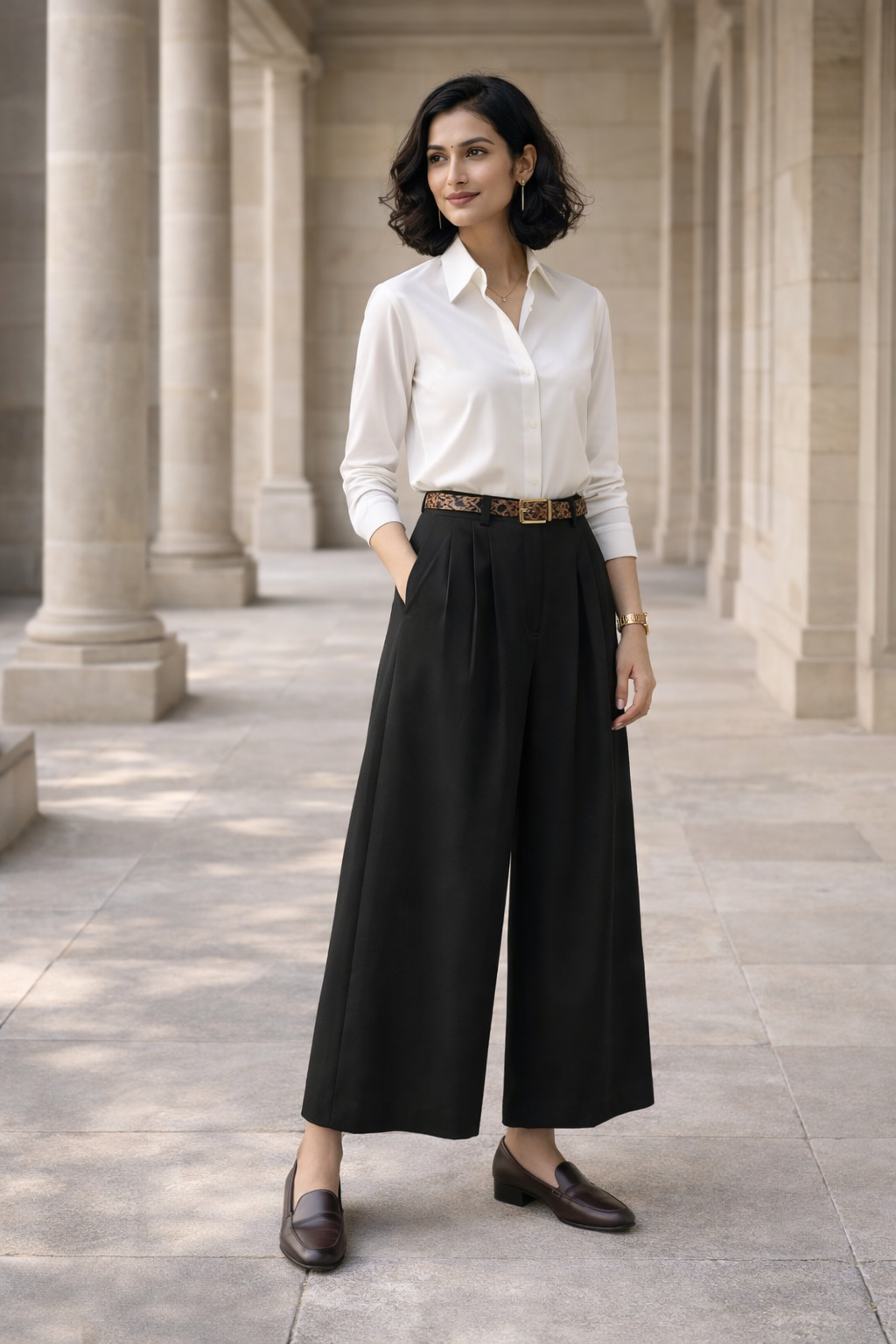 Black women's baggy fit trousers with wide leg silhouette and leopard print belt