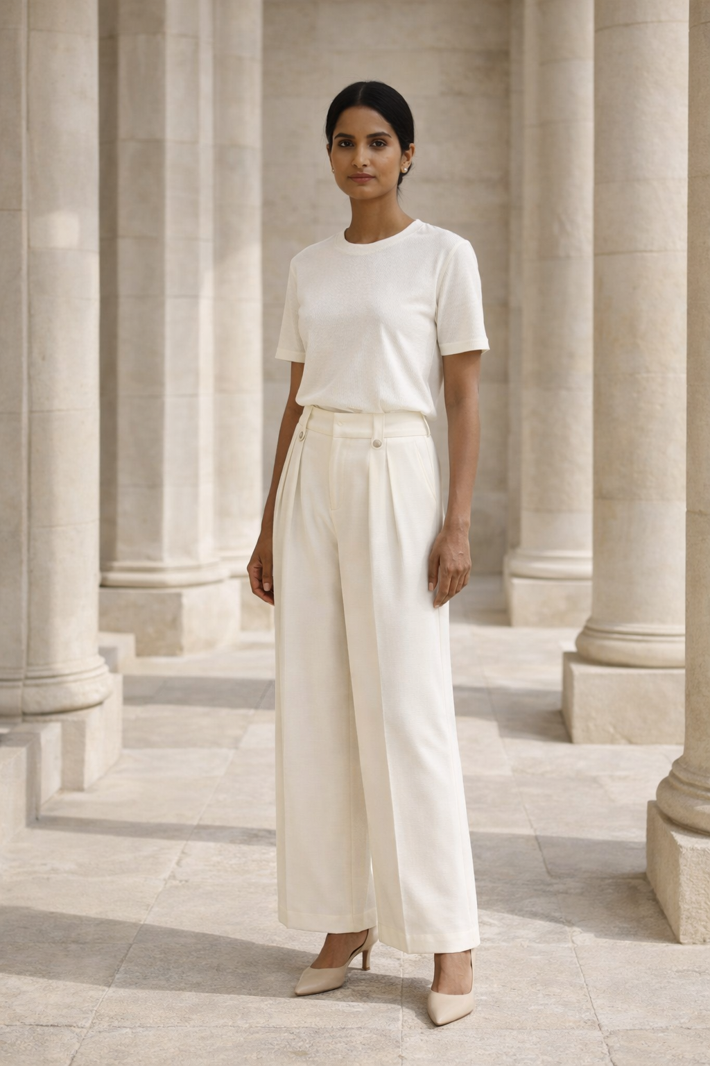 Beige wide-leg baggy trousers with pleated front and buttoned waistband detail